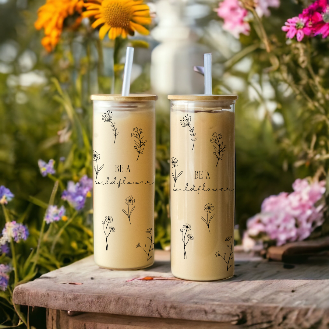 Be a Wildflower 25oz Glass Tumbler with Bamboo Lid & Straw for Iced Coffee & Beverages