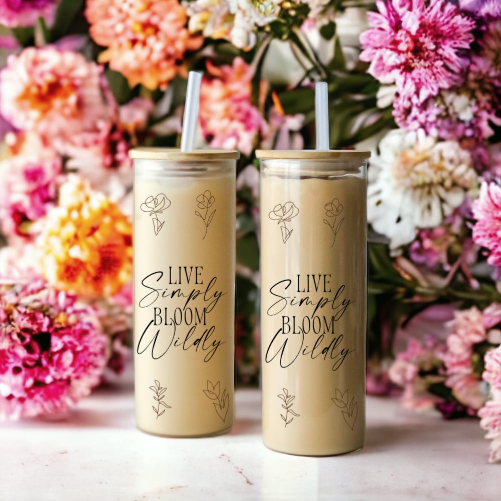 Live Simply Bloom Wildly 25oz Glass Tumbler with Bamboo Lid & Straw for Iced Coffee & Beverages