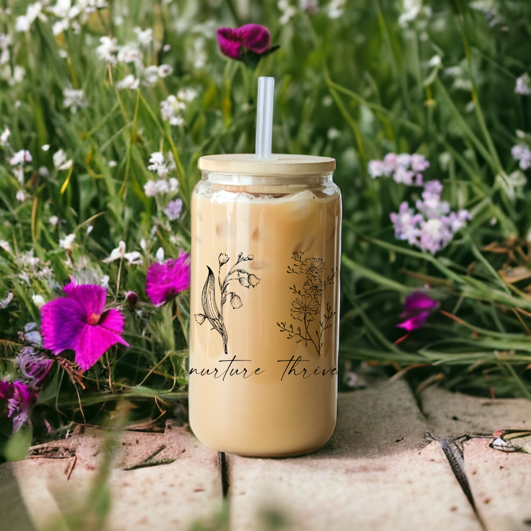 Be a Wildflower 16oz Glass Tumbler with Bamboo Lid & Straw for Iced Coffee  & Beverages