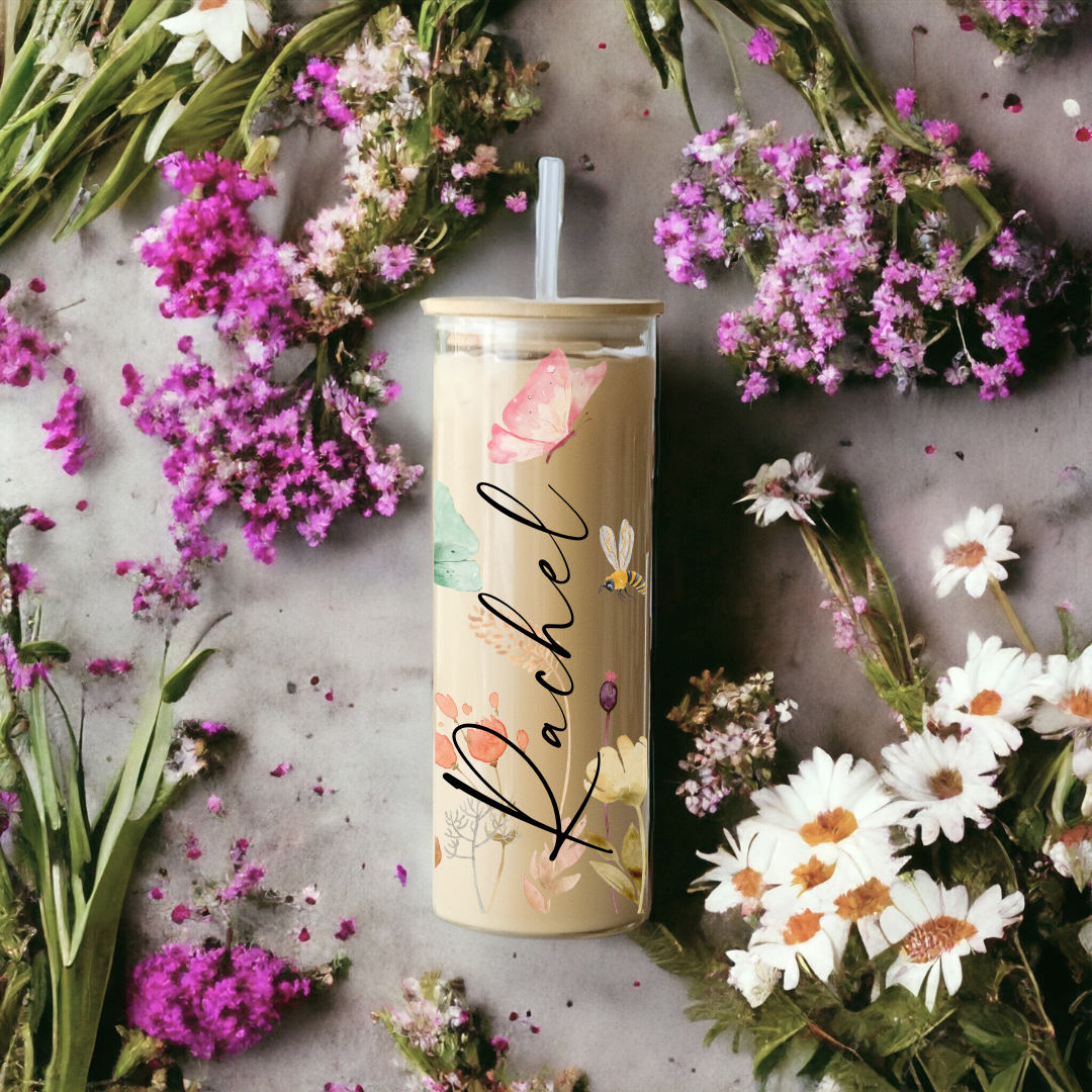 Flowers in the Meadow 25oz Glass Tumbler with Bamboo Lid & Straw for Iced Coffee & Beverages