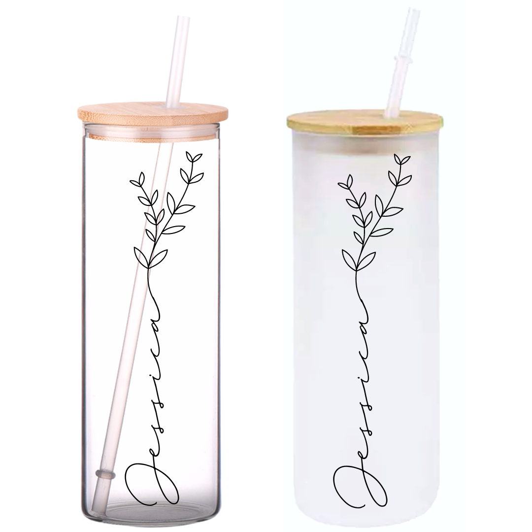 Minimal Floral Personalized Name on 25oz Clear Glass Tumbler