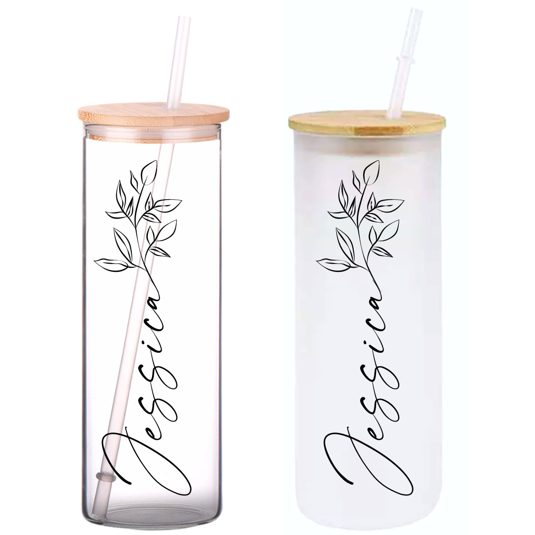 Minimal Floral Personalized Name on 25oz Frosted Glass Tumbler