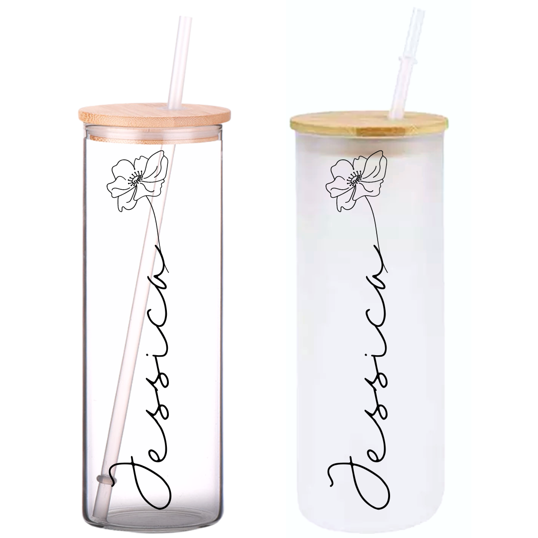 Minimal Floral Personalized Name on 25oz Clear Glass Tumbler