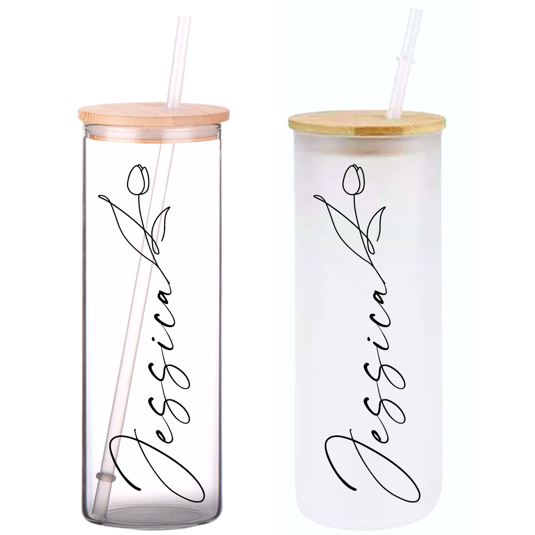 Minimal Floral Personalized Name on 25oz Clear Glass Tumbler