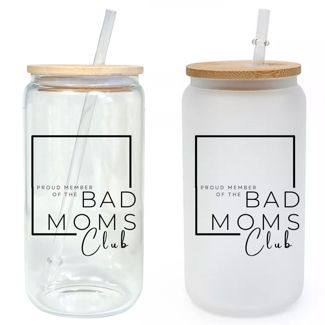 Square Bad Moms Club Glass Tumbler with Bamboo Lid & Straw