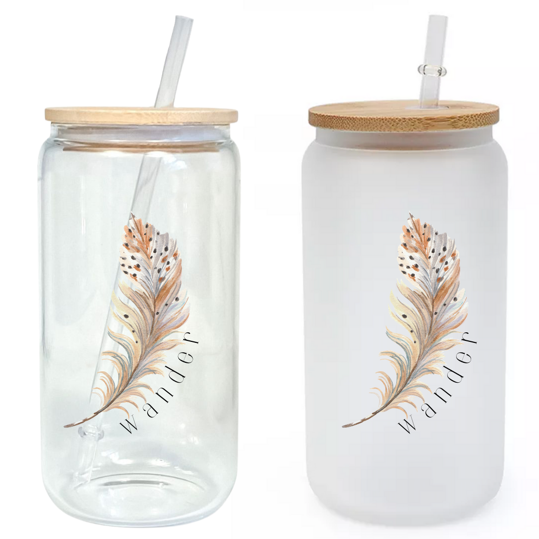 Wander Watercolor Feather 16oz Glass Tumbler with Bamboo Lid & Straw