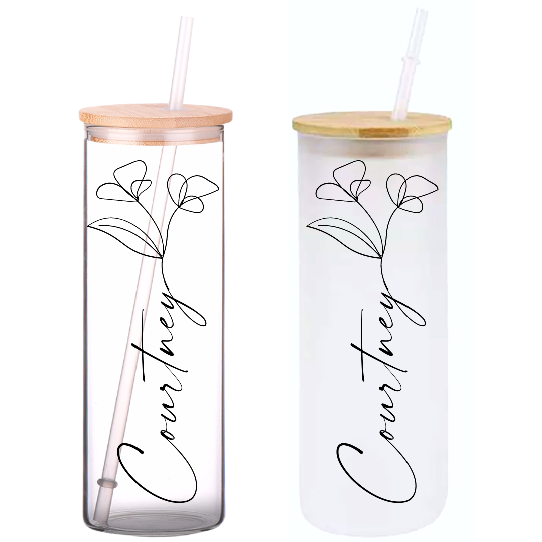 Minimal Floral Personalized Name on 25oz Clear Glass Tumbler