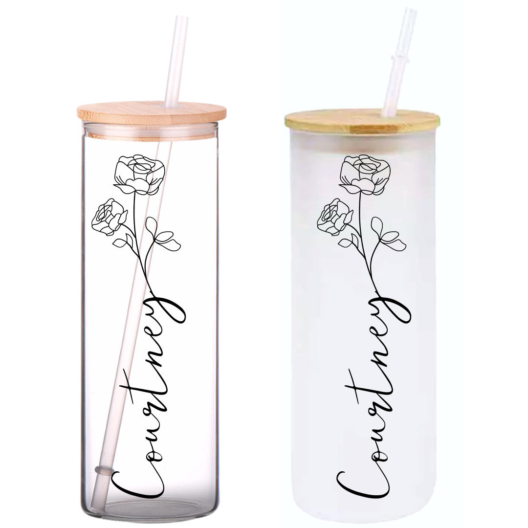 Minimal Floral Personalized Name on 25oz Frosted Glass Tumbler