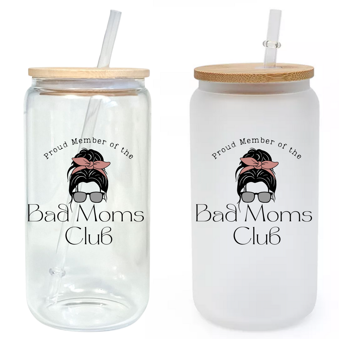 Messy Bun Bad Moms Club Glass Tumbler with Bamboo Lid & Straw