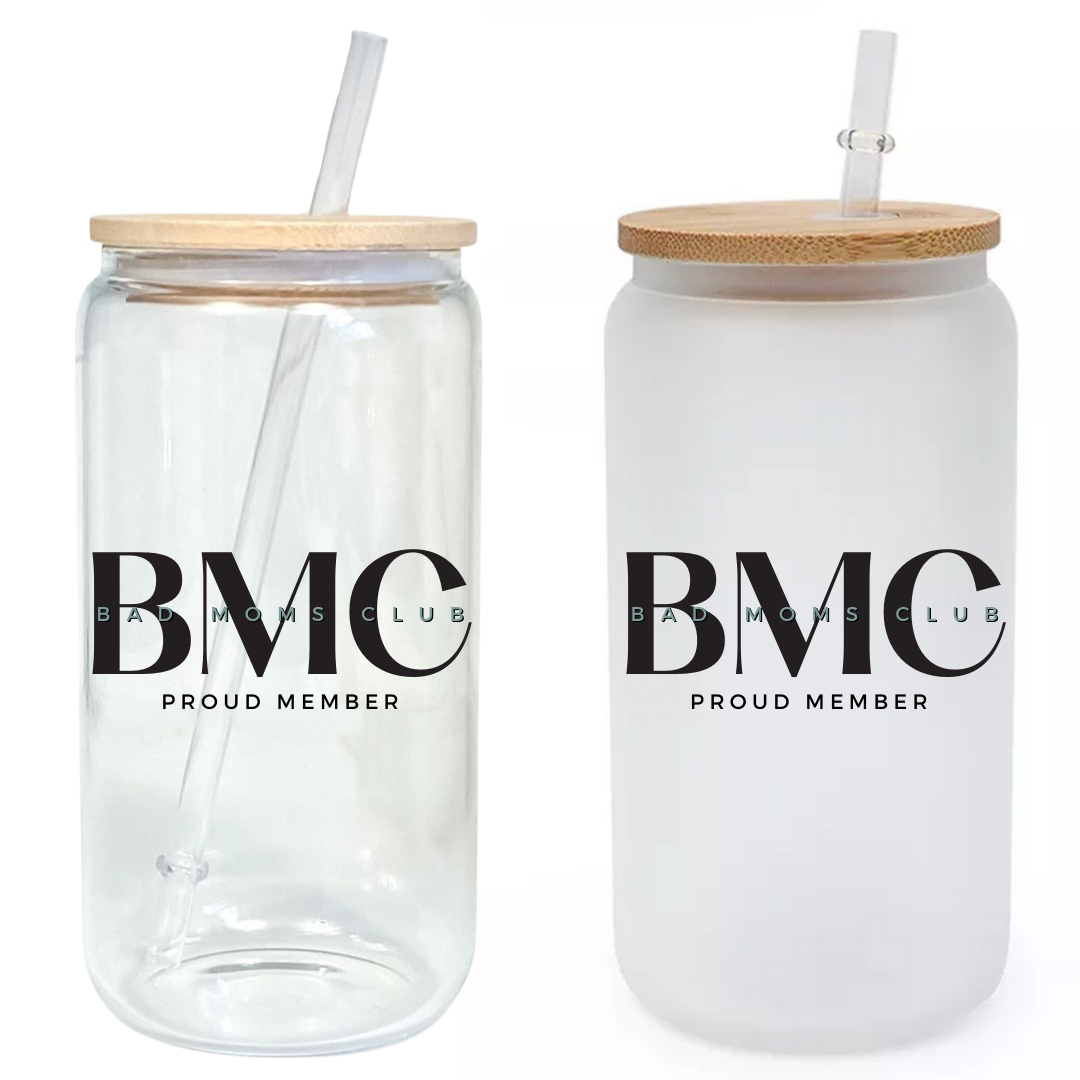 Bold Writing Bad Moms Club Glass Tumbler with Bamboo Lid & Straw