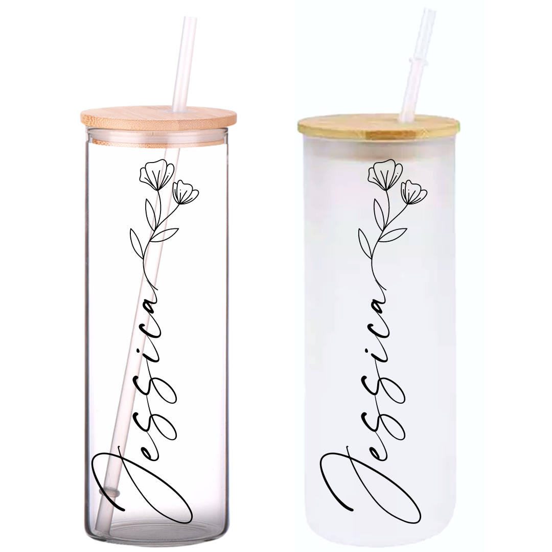 Minimal Floral Personalized Name on 25oz Frosted Glass Tumbler