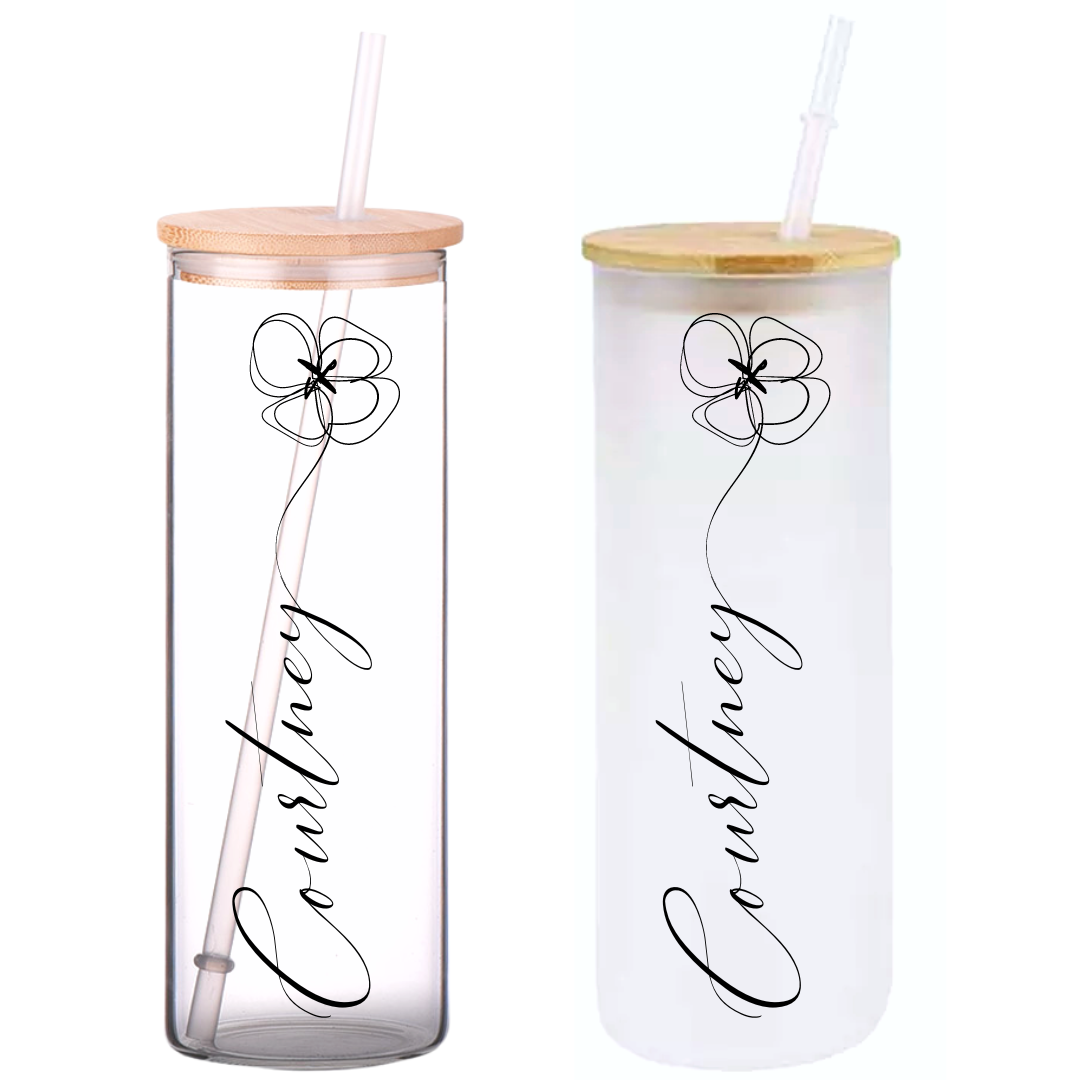 Minimal Floral Personalized Name on 25oz Clear Glass Tumbler