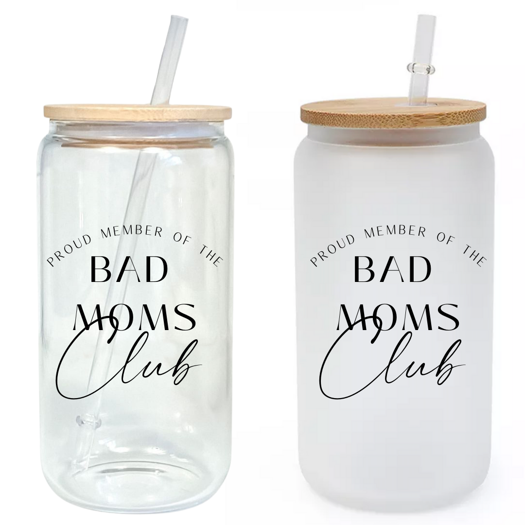 Curved Front Bad Moms Club Glass Tumbler with Bamboo Lid & Straw