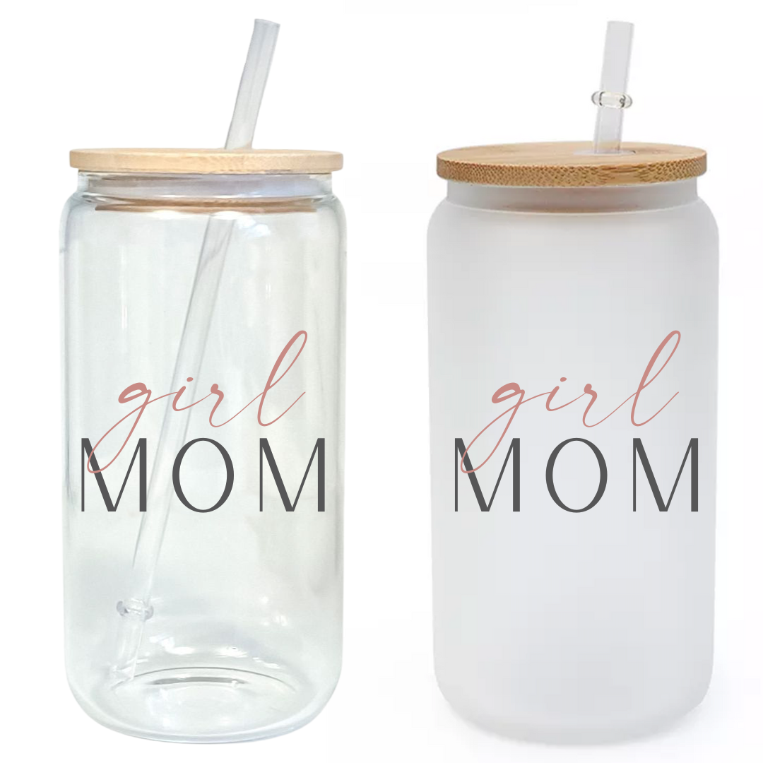 Girl Mom 16oz Glass Tumbler with Bamboo Lid & Straw