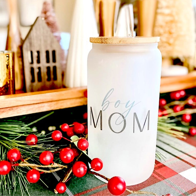 Boy Mom 16oz Glass Tumbler w/ Bamboo Lid & Straw