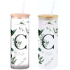 Green Foliage Initials 25oz Glass Tumbler with Bamboo Lid & Straw for Iced Coffee & Beverages