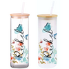 Aqua Dreams 25oz Glass Tumbler with Bamboo Lid & Straw for Iced Coffee & Beverages