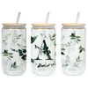 Green Foliage Initials 16oz Glass Tumbler with Bamboo Lid & Straw for Iced Coffee & Beverages