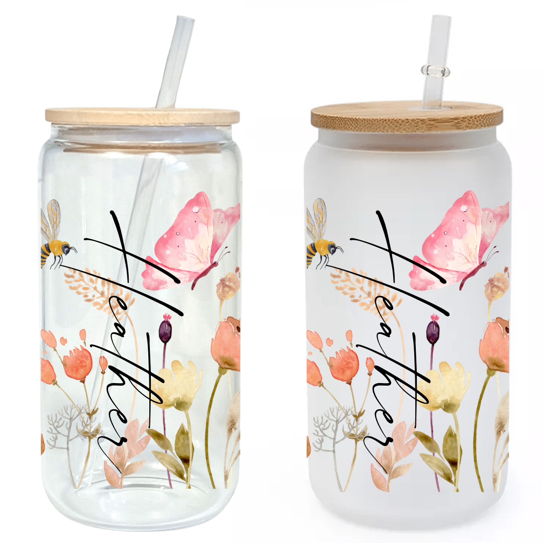 Wild Flowers Bamboo Lid Can Glass Drink 16oz or 20z Cup Gift