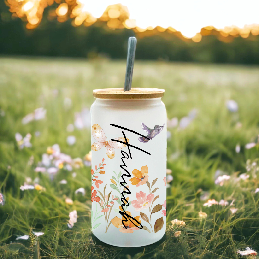 Humming Bird Sunset 16oz Glass Tumbler with Bamboo Lid & Straw for Iced Coffee & Beverages