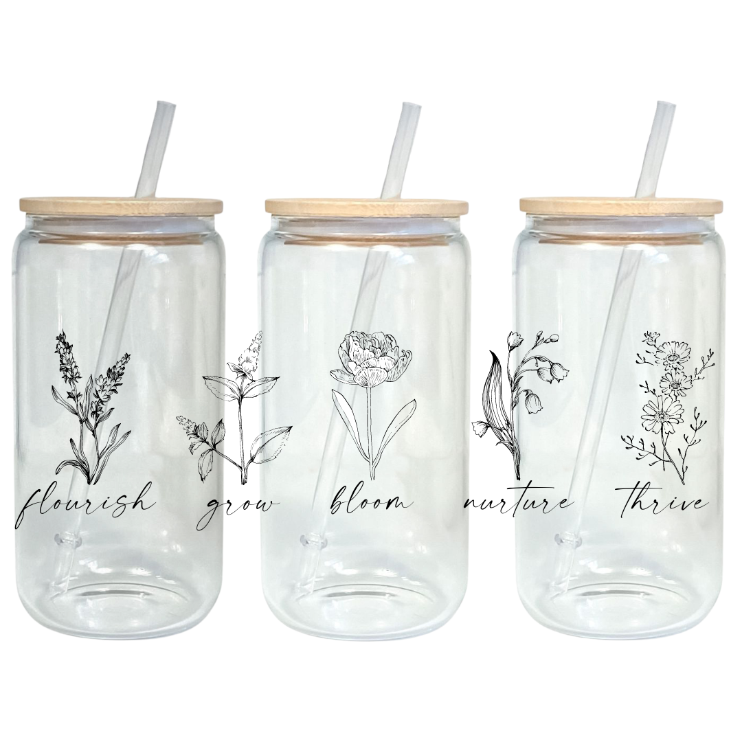 Choose Happiness Glass Tumbler with Bamboo Lid & Straw for Iced Coffee &  Beverages