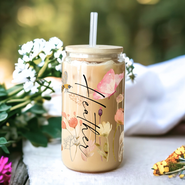 Tulip Glass Can Trendy Glass Can Gift Floral Iced Coffee Cup 16oz Glass Cup  With Bamboo Lid and Straw Customized Glass Can 