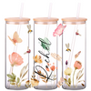 Flowers in the Meadow 25oz Glass Tumbler with Bamboo Lid & Straw for Iced Coffee & Beverages