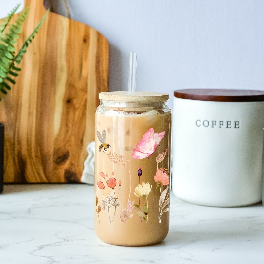 16oz Frosted Glass Bamboo Floral Initial Tumbler - ISaidYes