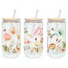 Flowers in the Meadow 16oz Glass Tumbler with Bamboo Lid & Straw for Iced Coffee & Beverages