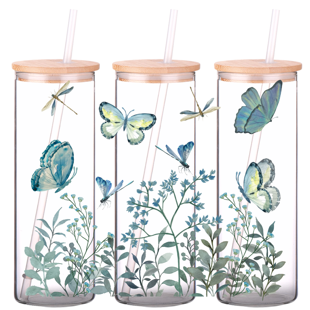 Sky Blue 16oz Glass Tumbler with Bamboo Lid & Straw for Iced