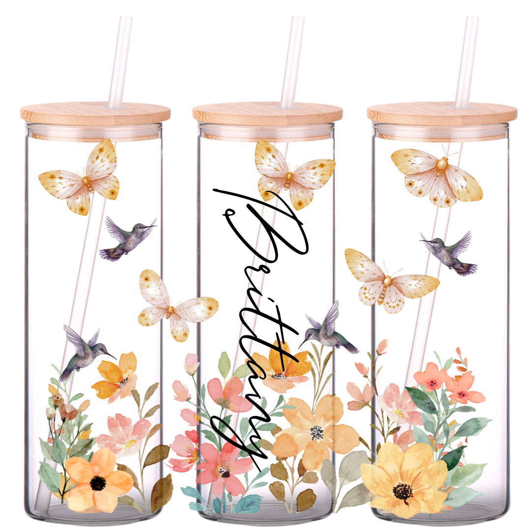 Humming Bird Sunset 16oz Glass Tumbler with Bamboo Lid & Straw for Iced  Coffee & Beverages