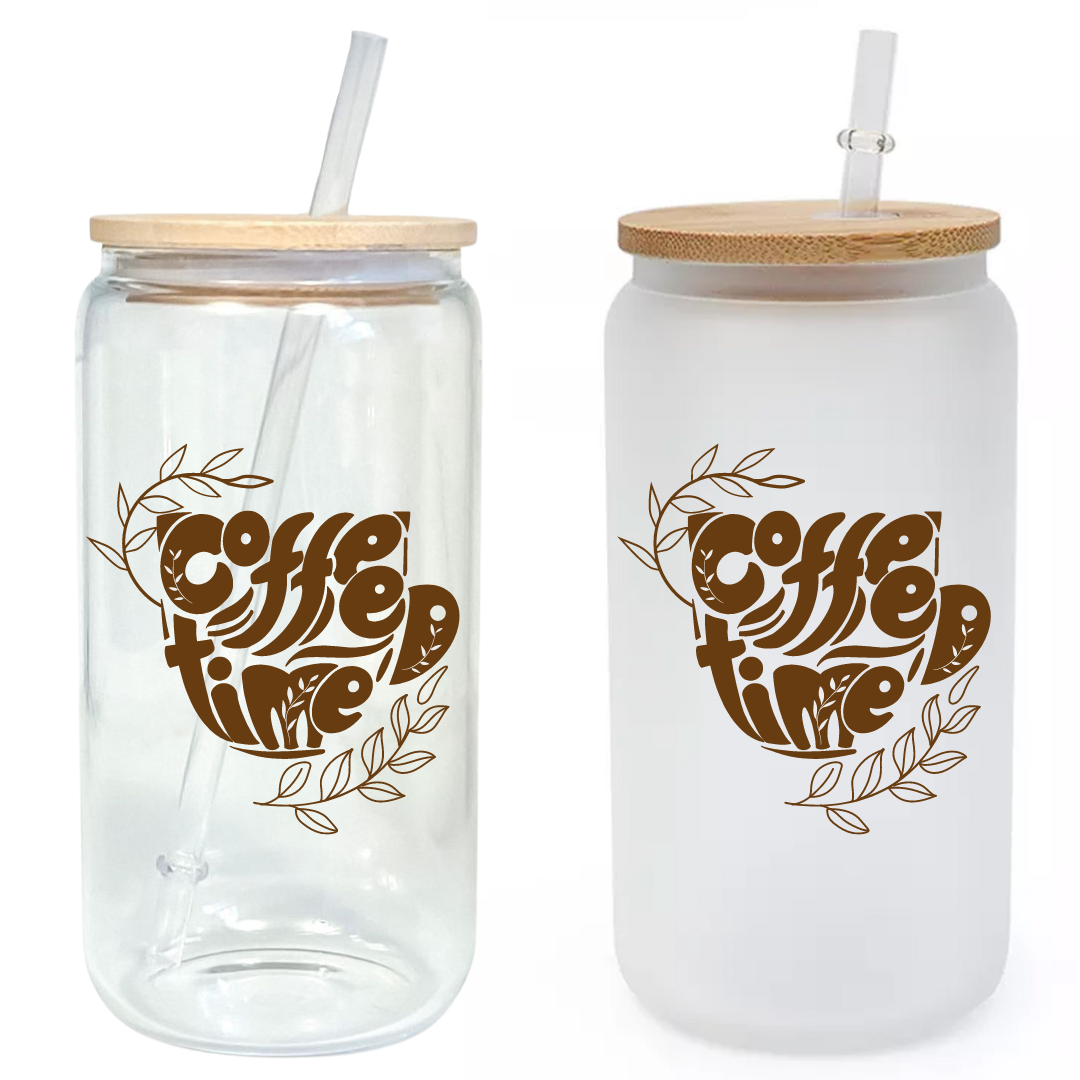 Coffee Time Glass Tumbler with Bamboo Lid & Straw