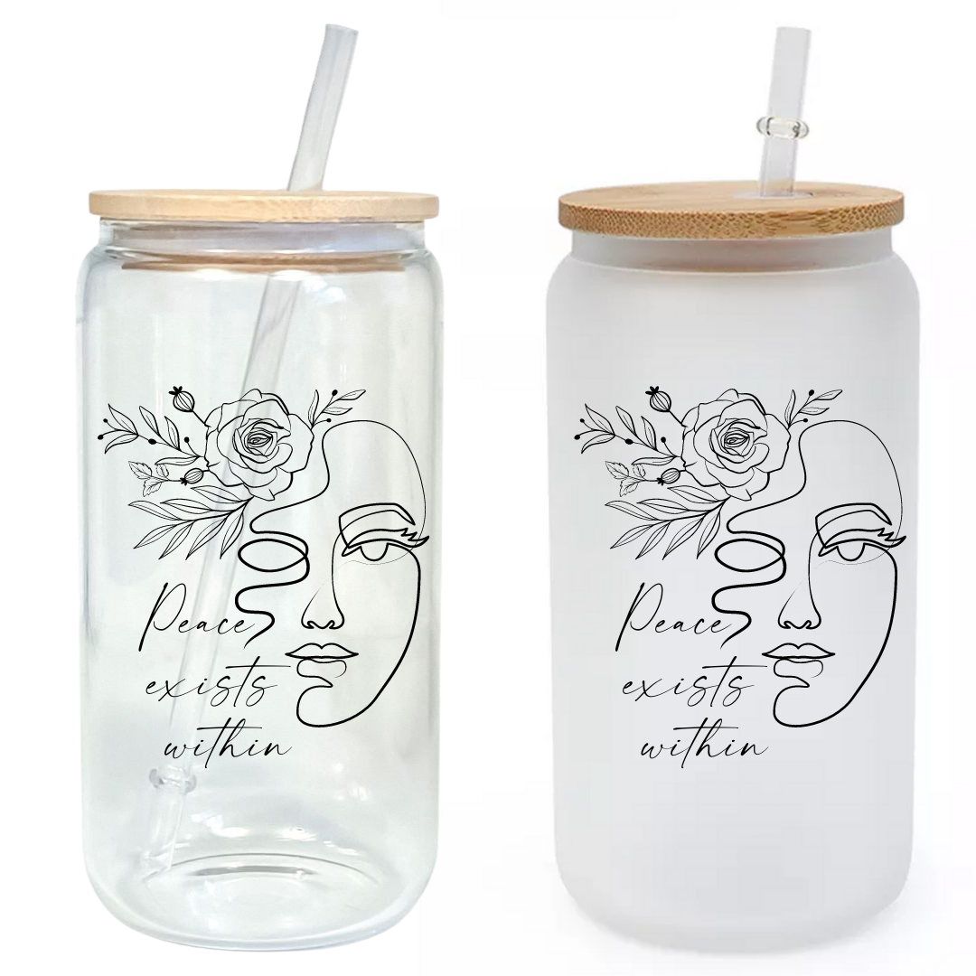 Peace Exists Within Glass Tumbler with Bamboo Lid & Straw
