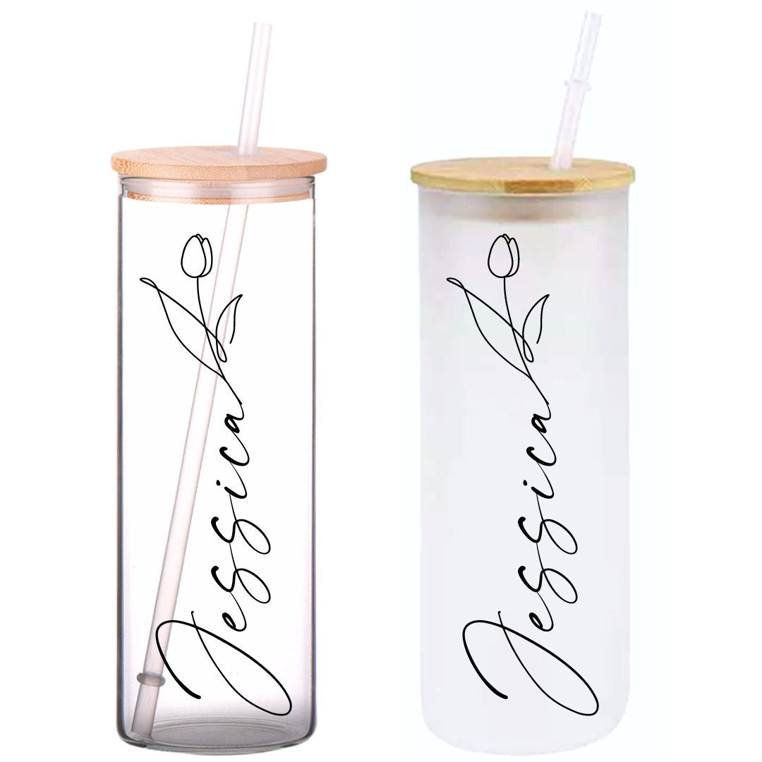 Minimal Floral Personalized Name on 25oz Frosted Glass Tumbler