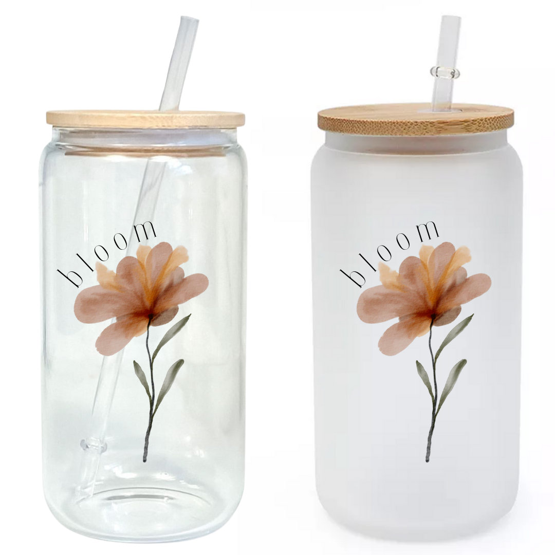 Bloom Watercolor Flower 16oz Glass Tumbler with Bamboo Lid & Straw