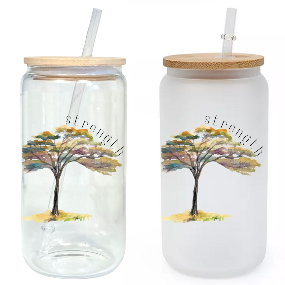Strength Watercolor Tree 16oz Glass Tumbler with Bamboo Lid & Straw