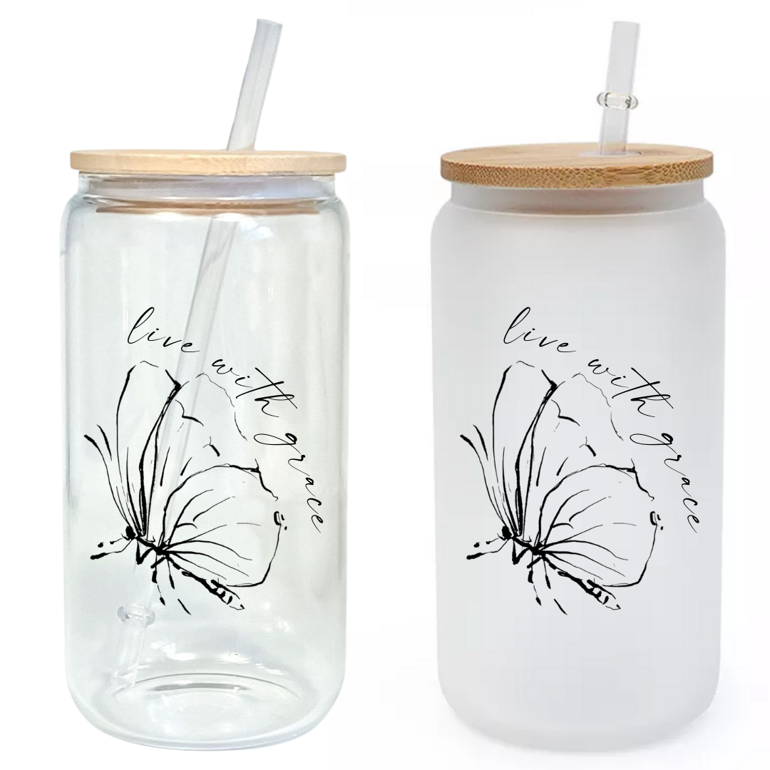IN STOCK SALE Live with Grace Glass Tumbler with Bamboo Lid & Straw