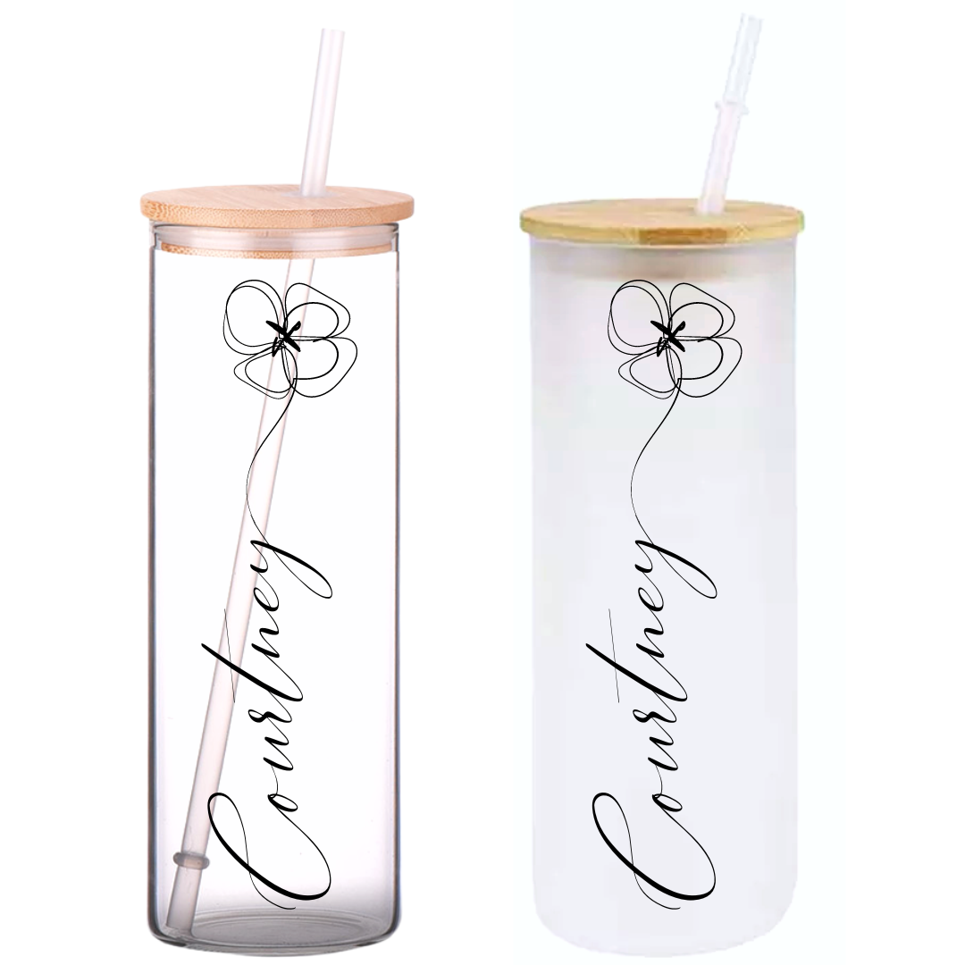 Engraved Glass Tumbler With Straw and Lid, Boho Style Tumbler