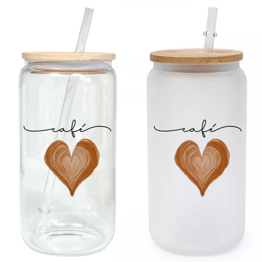 Cafe Heart Glass Tumbler with Bamboo Lid & Straw