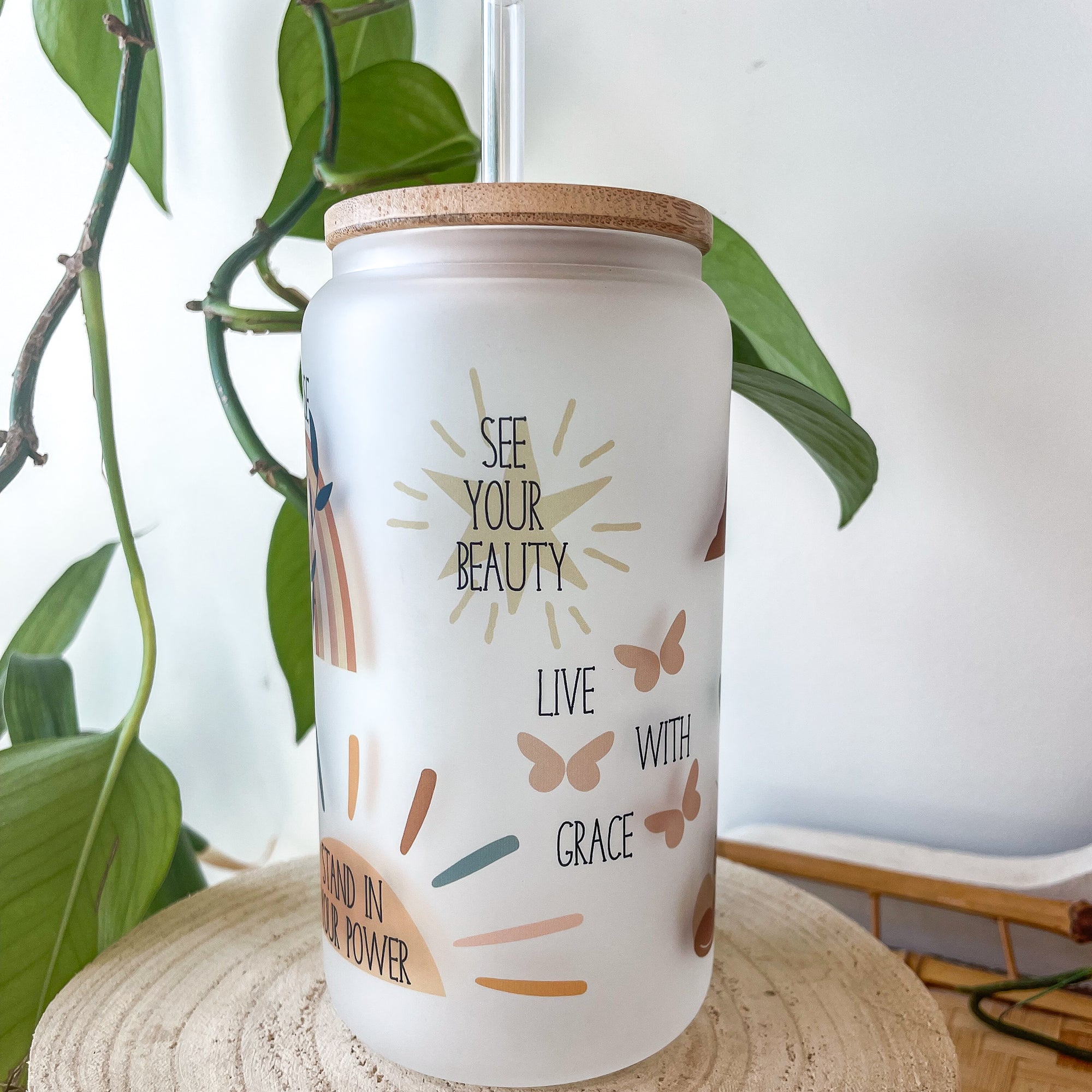 Live Your Purpose Glass Tumbler with Bamboo Lid & Straw – Modern