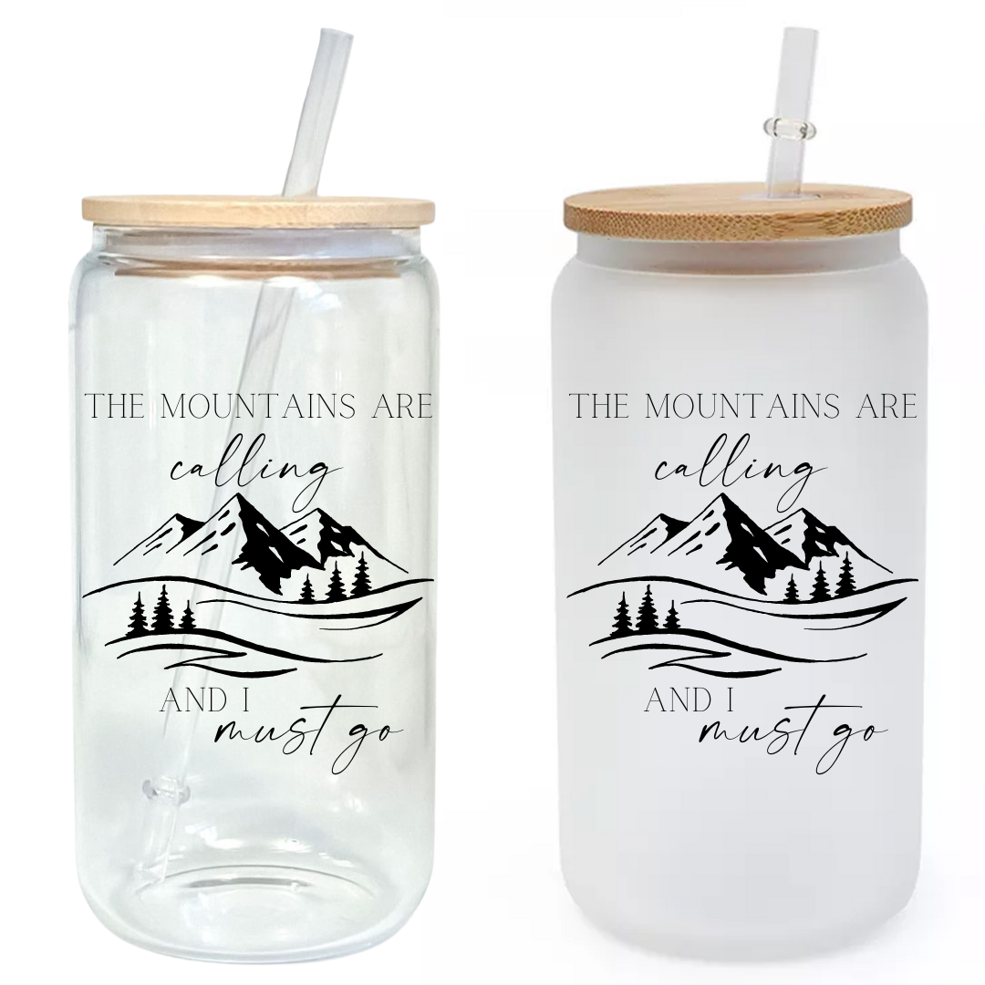 The Mountains are Calling Glass Tumbler with Bamboo Lid & Straw