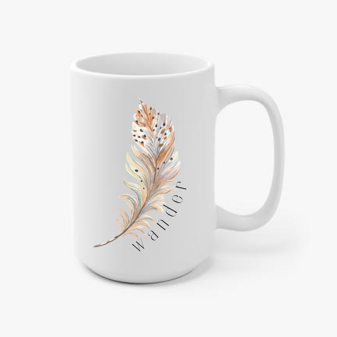 Wander w/ Watercolor Feather 15oz Ceramic Mug